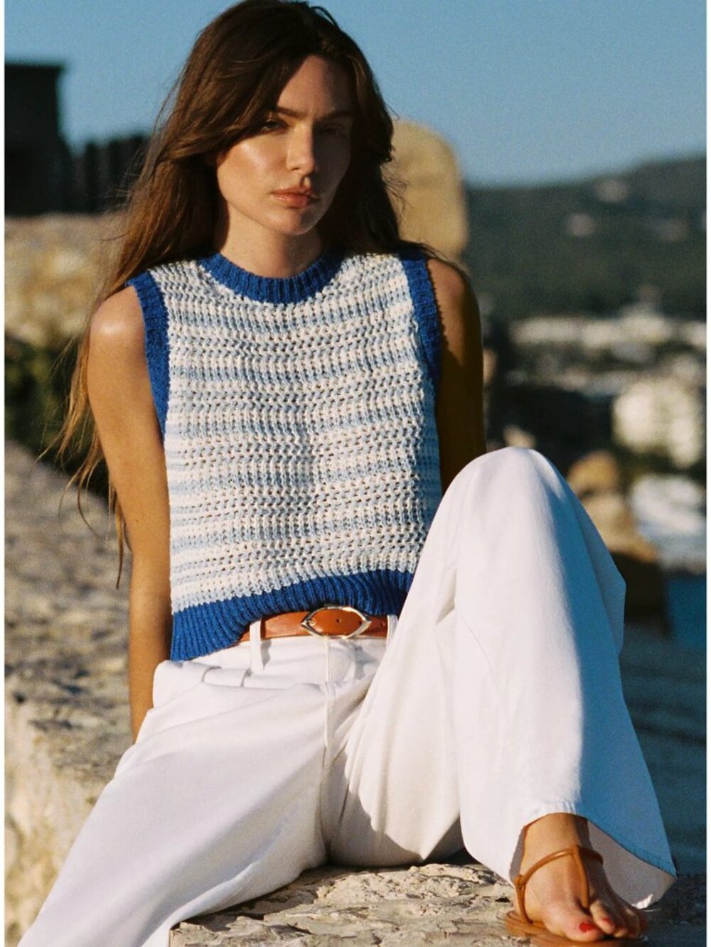 Flat White Ocean Treasure Striped Crochet Sweater Vest Top Blue S